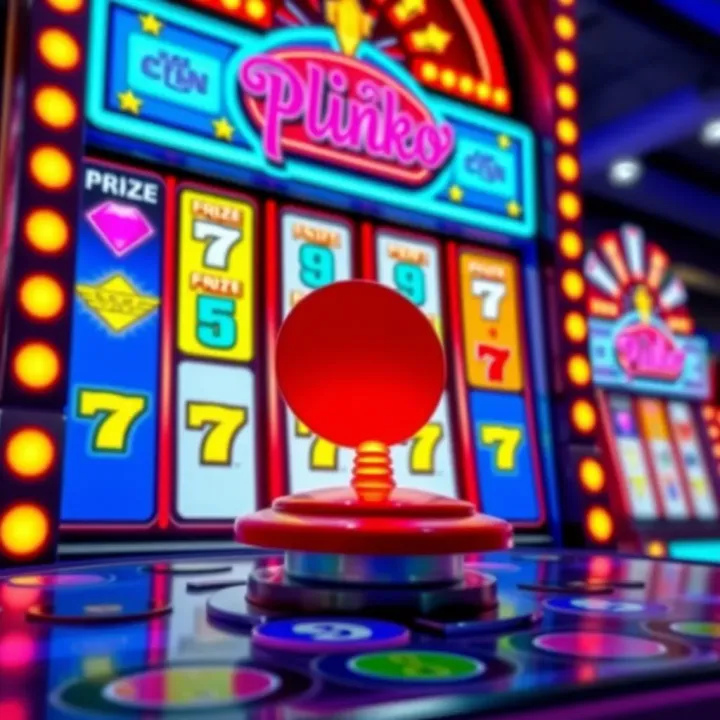 Colorful digital interface of a Plinko game with prize slots and a disc ready to drop