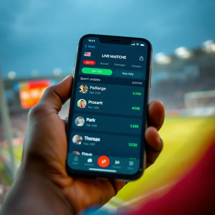 Close-up of a smartphone showing an online betting platform interface with live match updates