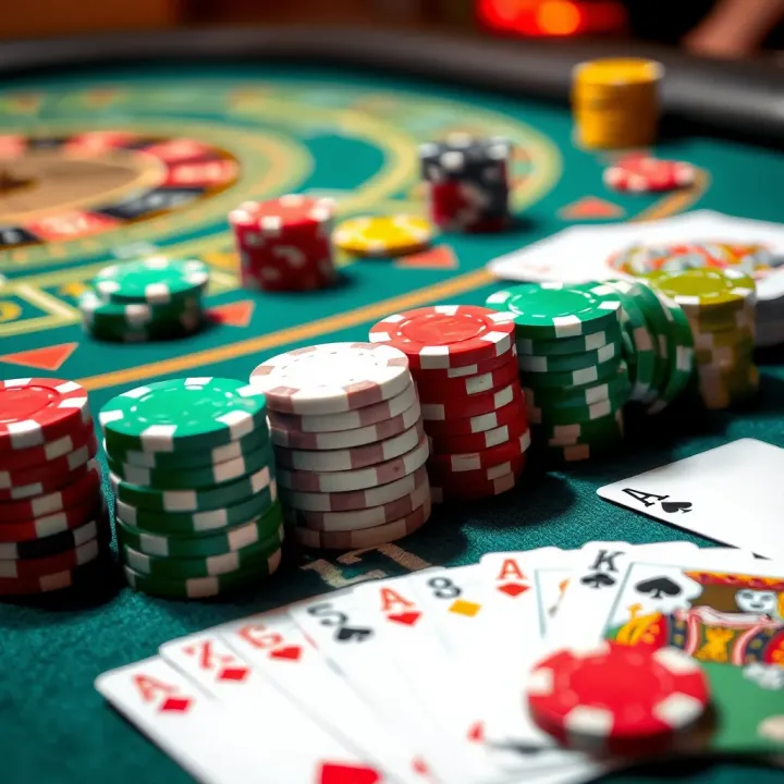 Colorful casino chips and cards on a gaming table representing popular games in Nigerian casinos
