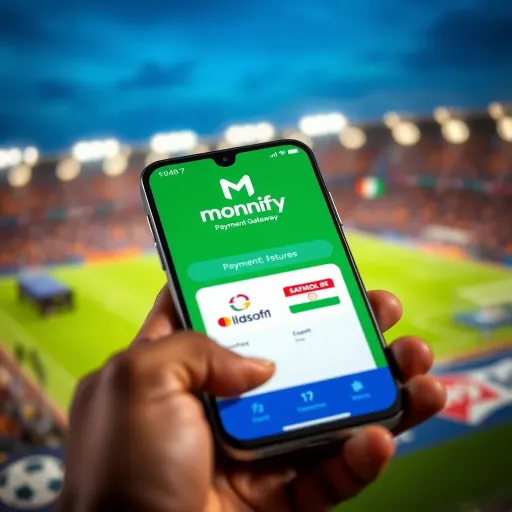 Illustration showing a mobile phone displaying a Monnify payment screen with Nigerian bank logos