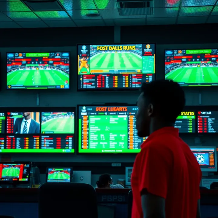 A vibrant Nigerian sports betting shop with colorful digital screens showing football matches and betting odds