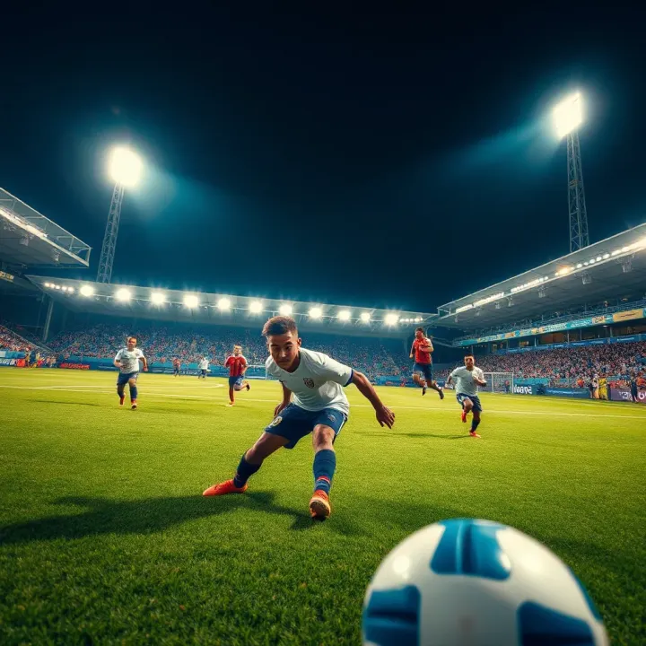 Players competing fiercely on a vibrant football pitch under stadium lights