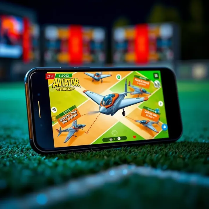 Illustration showing a mobile device with a modified game application interface highlighting features of an Aviator hack APK