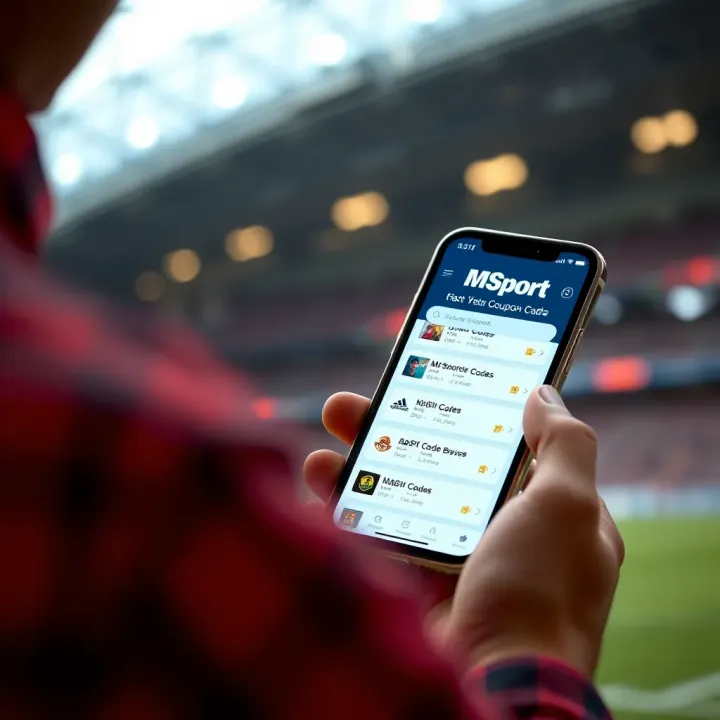 Viewing MSport Coupons on a Mobile Device Mobile phone displaying the MSport app with visible coupon codes and promotional offers on the screen