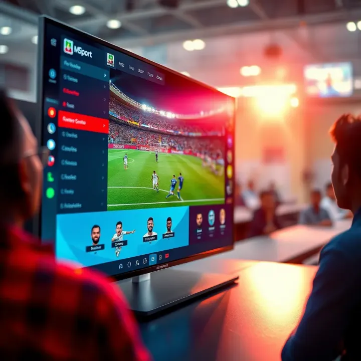 A dynamic digital interface showcasing live sports streaming with vibrant football match visuals and real-time updates