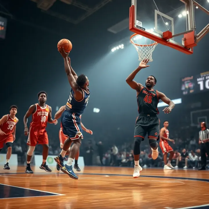 Dynamic basketball game showcasing athletes competing with intensity and passion