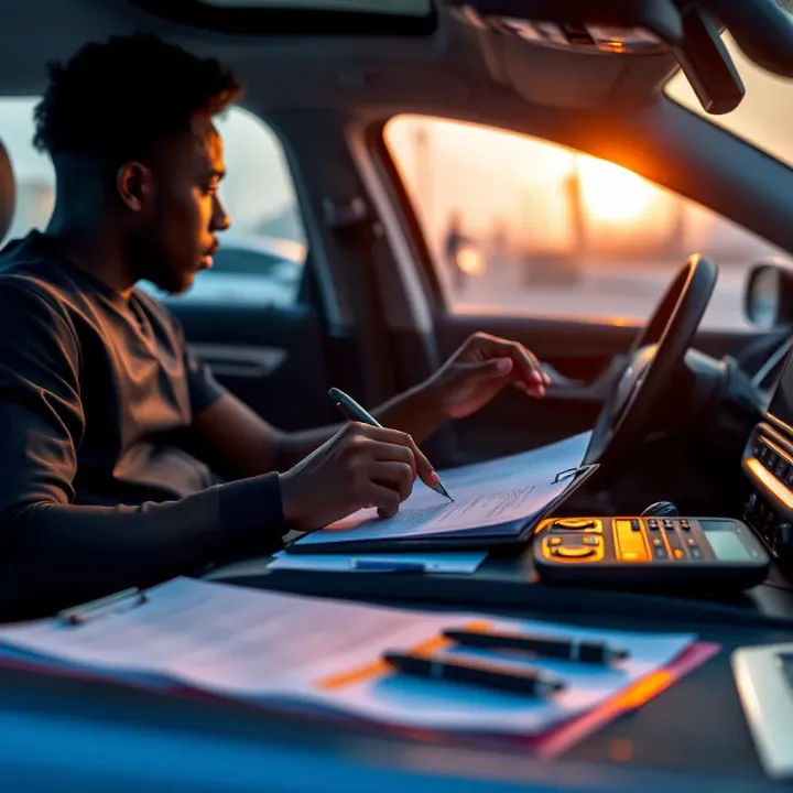 Illustration showing a car owner completing vehicle registration documents at a desk