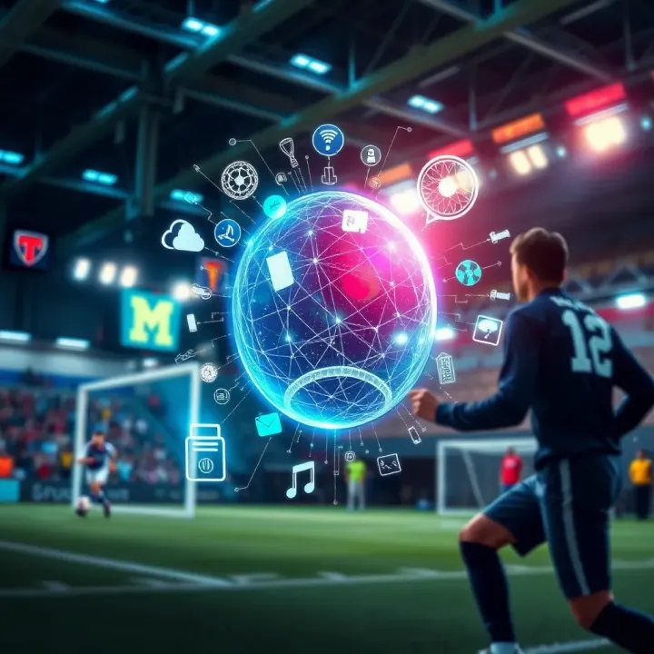 Illustration showing the fusion of sports elements with digital technology symbols