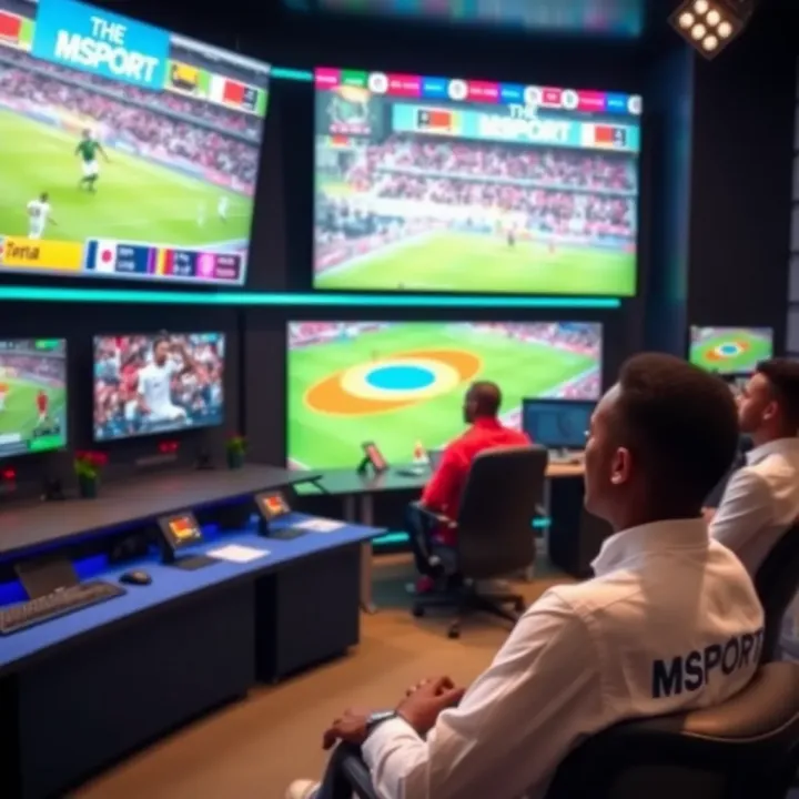 Modern sports broadcasting studio with multiple screens showing various live sports events