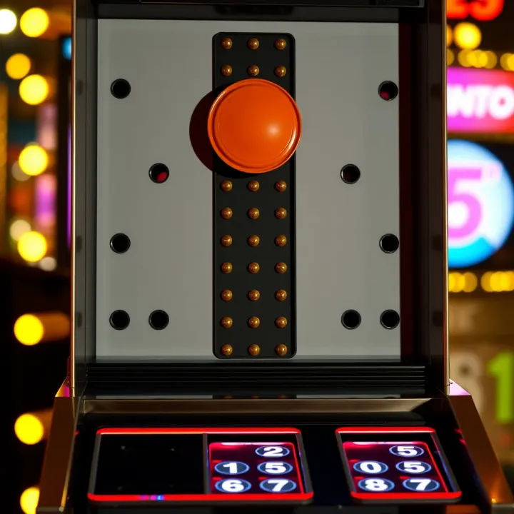 Plinko Game Board Showing Disc Path Through Pegs Vertical board with pegs and a disc bouncing through to slots below