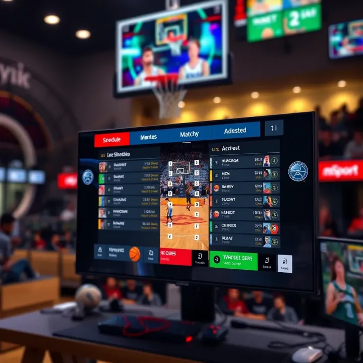 Live Basketball Match Streaming with Schedule Display A digital screen showing basketball game live streaming with clear match schedules and vibrant graphics