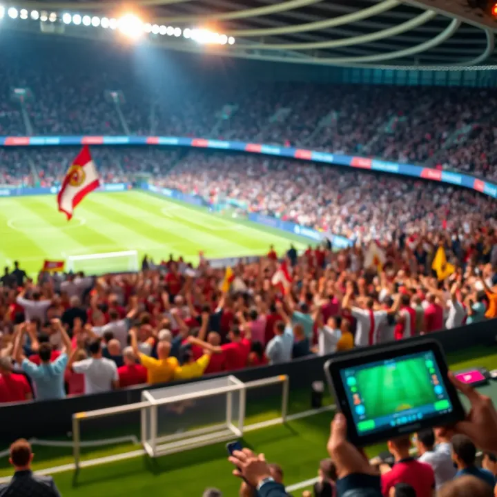 Energetic Football Stadium Captured During Live Broadcast A vibrant football stadium with fans cheering during a live match broadcasted on a digital device