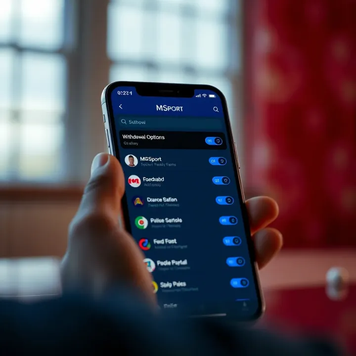 Mobile phone displaying MSport app with withdrawal options on screen