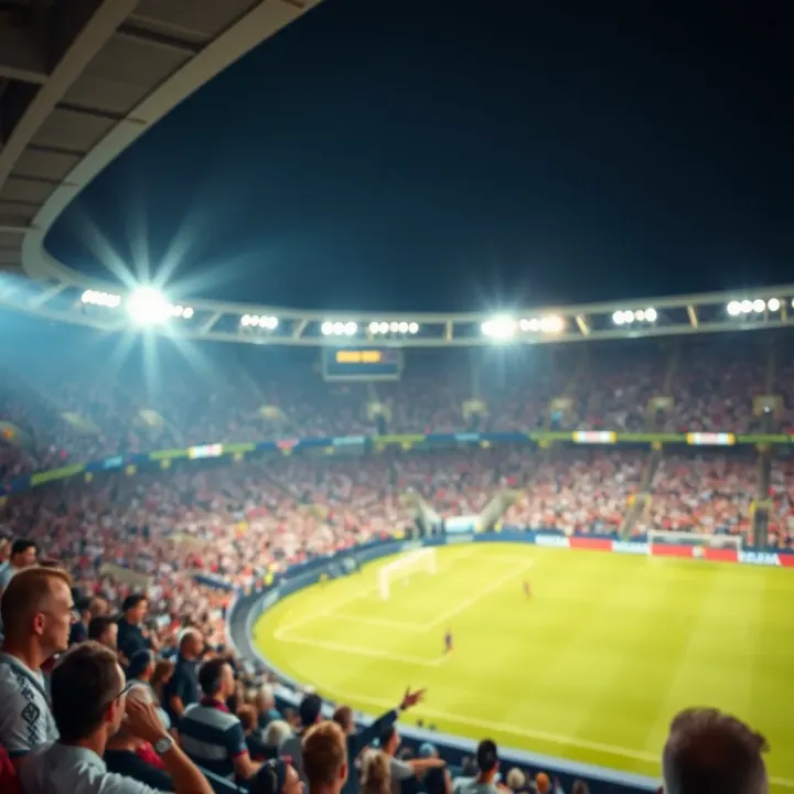 Exciting Atmosphere at a Key World Cup Qualifier Match Football stadium filled with fans watching a live match under bright lights during a key World Cup qualifier